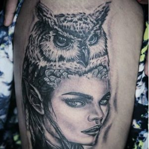Owl face and girls face tattoo