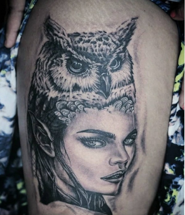 Owl face and girls face tattoo